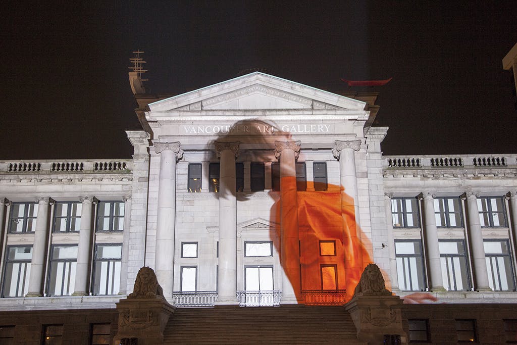 Orange Magpies projected onto the Vancouver Art Gallery, September 2017